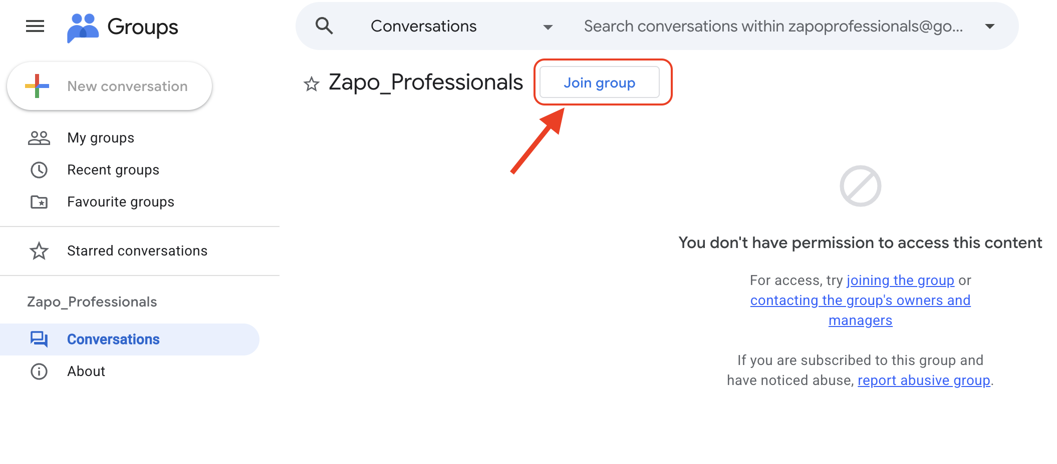 Screenshot showing where to click Join Group